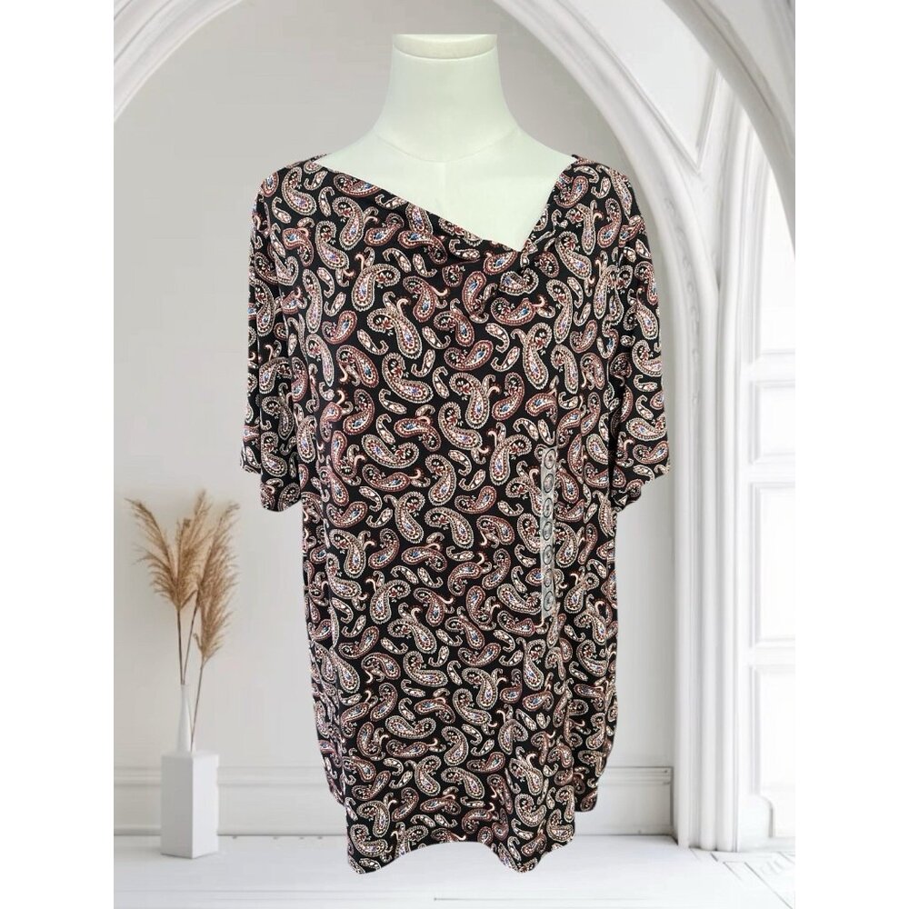 Canda Paisley Slanted Neckline Short Sleeve Top-Size XL-NWT